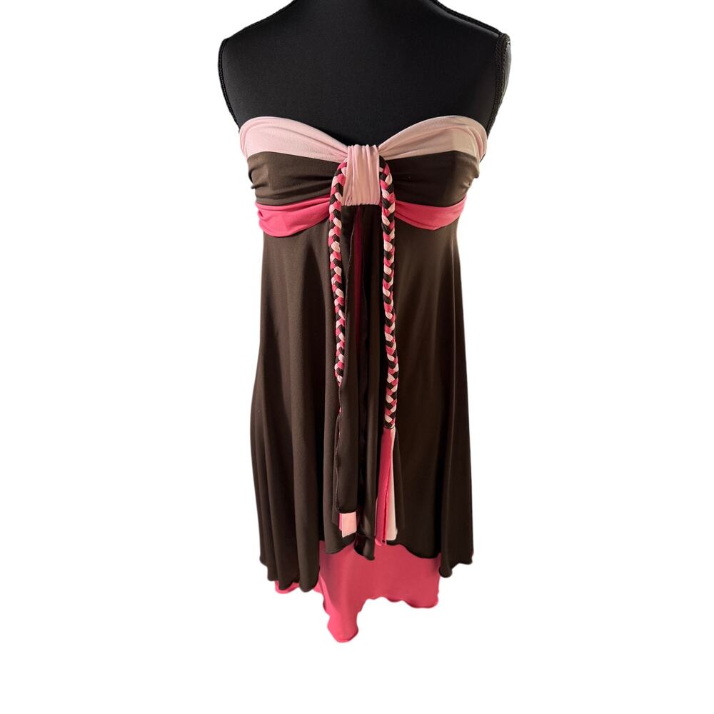 VTG 2000s Strapless Empire Waist Mini Dress Pink Brown Slinky Party Clubwear